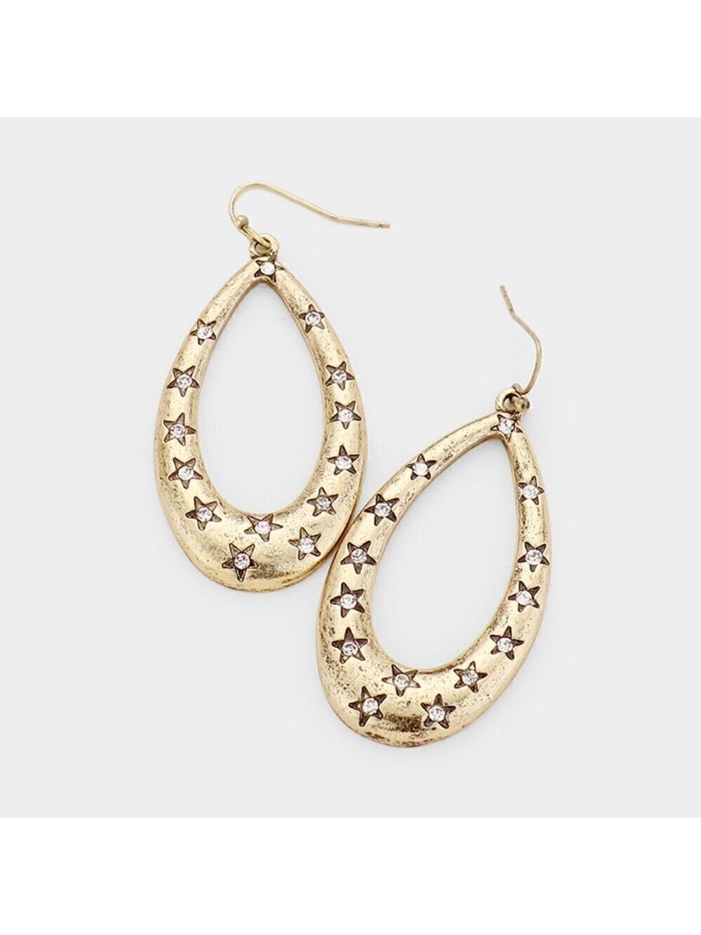 NWT Gold Embossed Star Rhinestone Teardrop Metal Earrings